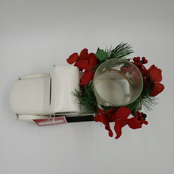 White Metal Christmas Truck Farmhouse Rustic Hurricane Candle Holder Table Decor - Picture 5 of 16